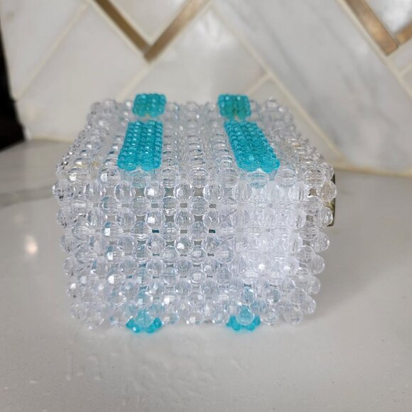Handcrafted Beaded musical Jewelry trinket Box With Clear & Turquoise Beads - Picture 9 of 11